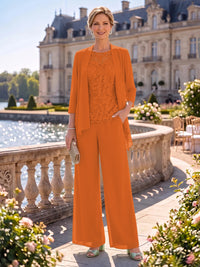 2 Pieces Chiffon Mother of the Bride/Groom Dresses Column Round Neck 3/4 Sleeves Floor Length with Jacket