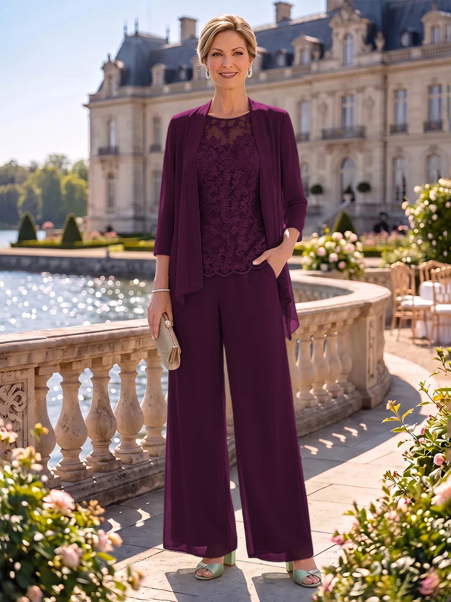 2 Pieces Chiffon Mother of the Bride/Groom Dresses Column Round Neck 3/4 Sleeves Floor Length with Jacket