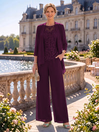 2 Pieces Chiffon Mother of the Bride/Groom Dresses Column Round Neck 3/4 Sleeves Floor Length with Jacket