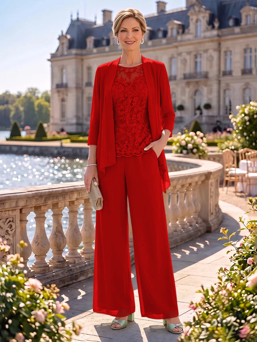 2 Pieces Chiffon Mother of the Bride/Groom Dresses Column Round Neck 3/4 Sleeves Floor Length with Jacket