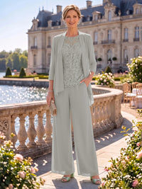 2 Pieces Chiffon Mother of the Bride/Groom Dresses Column Round Neck 3/4 Sleeves Floor Length with Jacket