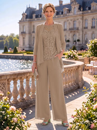 2 Pieces Chiffon Mother of the Bride/Groom Dresses Column Round Neck 3/4 Sleeves Floor Length with Jacket