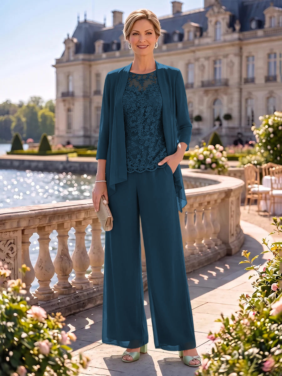 2 Pieces Chiffon Mother of the Bride/Groom Dresses Column Round Neck 3/4 Sleeves Floor Length with Jacket