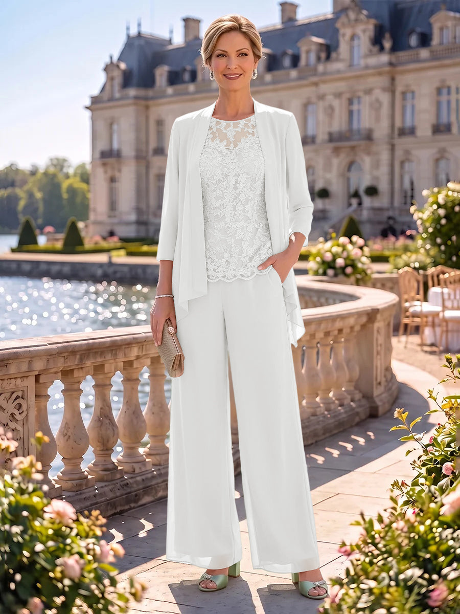2 Pieces Chiffon Mother of the Bride/Groom Dresses Column Round Neck 3/4 Sleeves Floor Length with Jacket