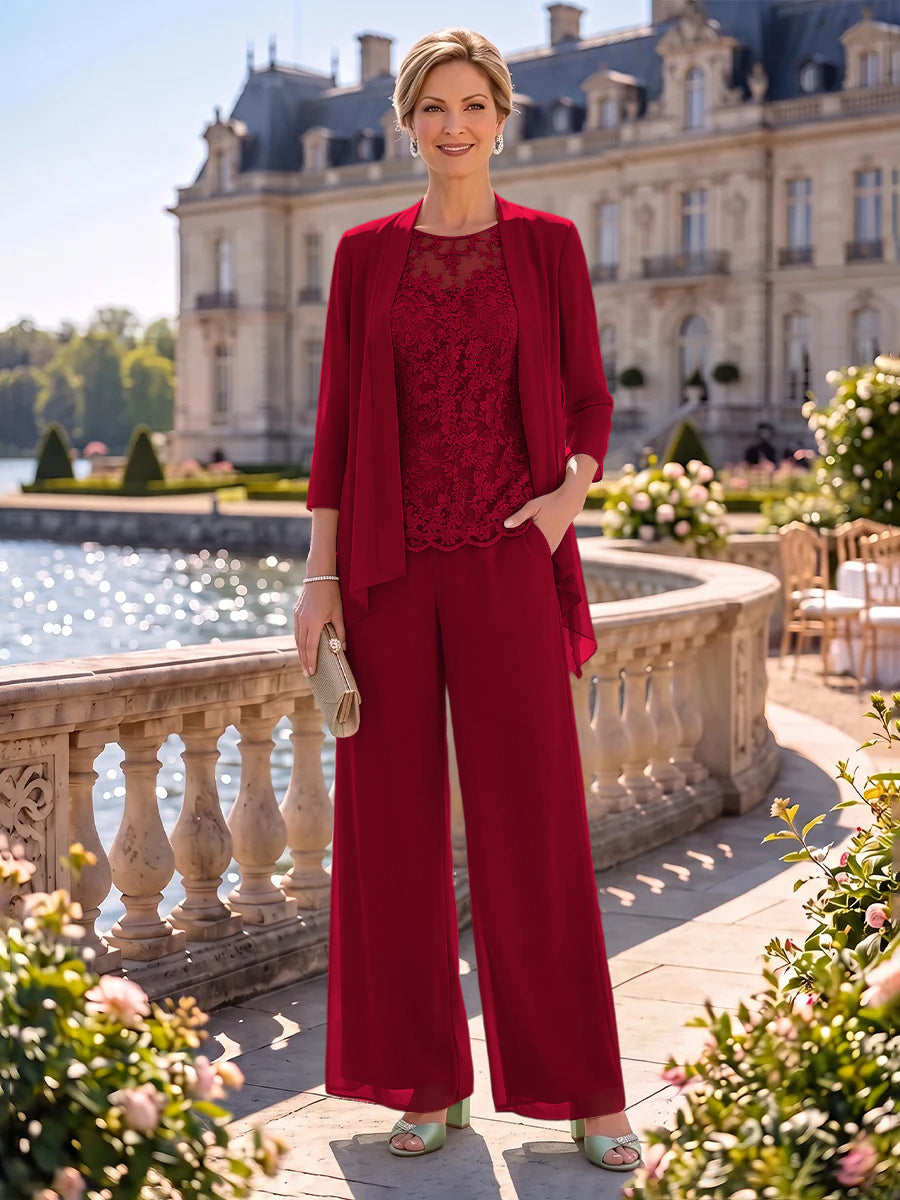 2 Pieces Chiffon Mother of the Bride/Groom Dresses Column Round Neck 3/4 Sleeves Floor Length with Jacket
