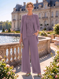 2 Pieces Chiffon Mother of the Bride/Groom Dresses Column Round Neck 3/4 Sleeves Floor Length with Jacket
