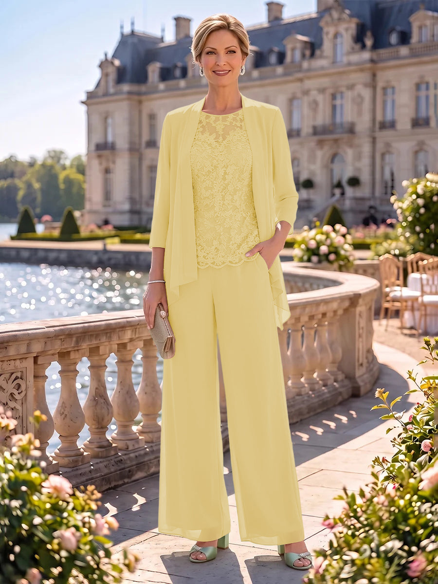 2 Pieces Chiffon Mother of the Bride/Groom Dresses Column Round Neck 3/4 Sleeves Floor Length with Jacket