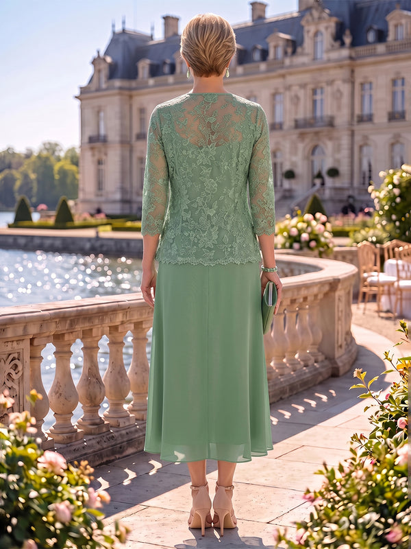 2 Pieces Chiffon Mother of the Bride/Groom Dresses A Line V Neck 3/4 Sleeves Tea Length with Jacket