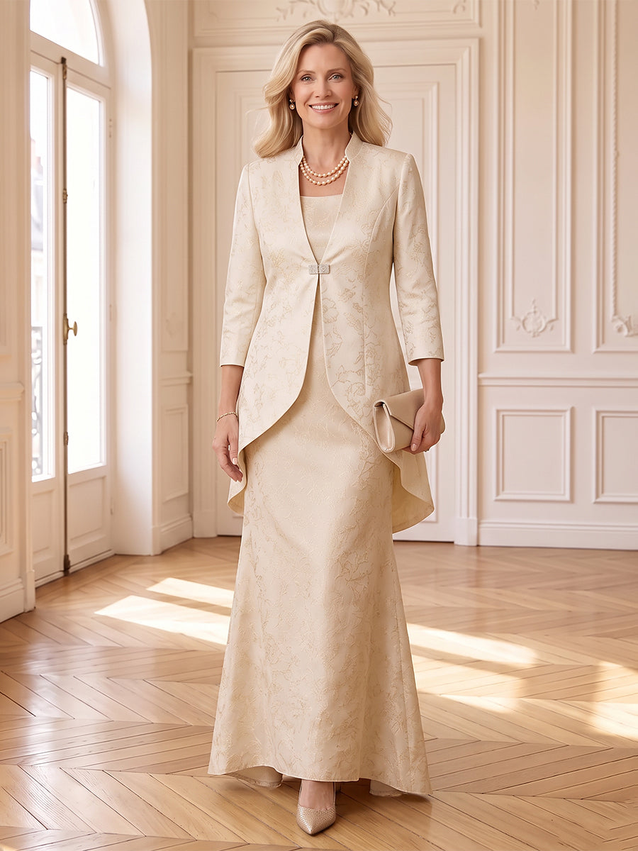 2 Pieces Jacquard Mother of the Bride/Groom Dresses Sheath/Mermaid Square Neck 3/4 Sleeves Floor Length with Jacket