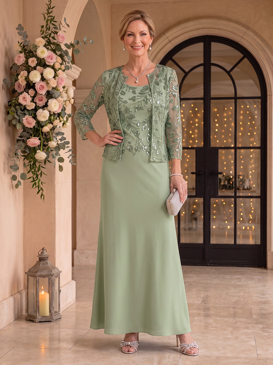 2 Pieces Chiffon Mother of the Bride/Groom Dresses Sheath/Mermaid Scoop Neck 3/4 Sleeves Floor Length