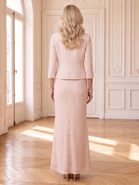 2 Pieces Lace Mother of the Bride/Groom Dresses Sheath/Mermaid V Neck 3/4 Sleeves Floor Length with Jacket