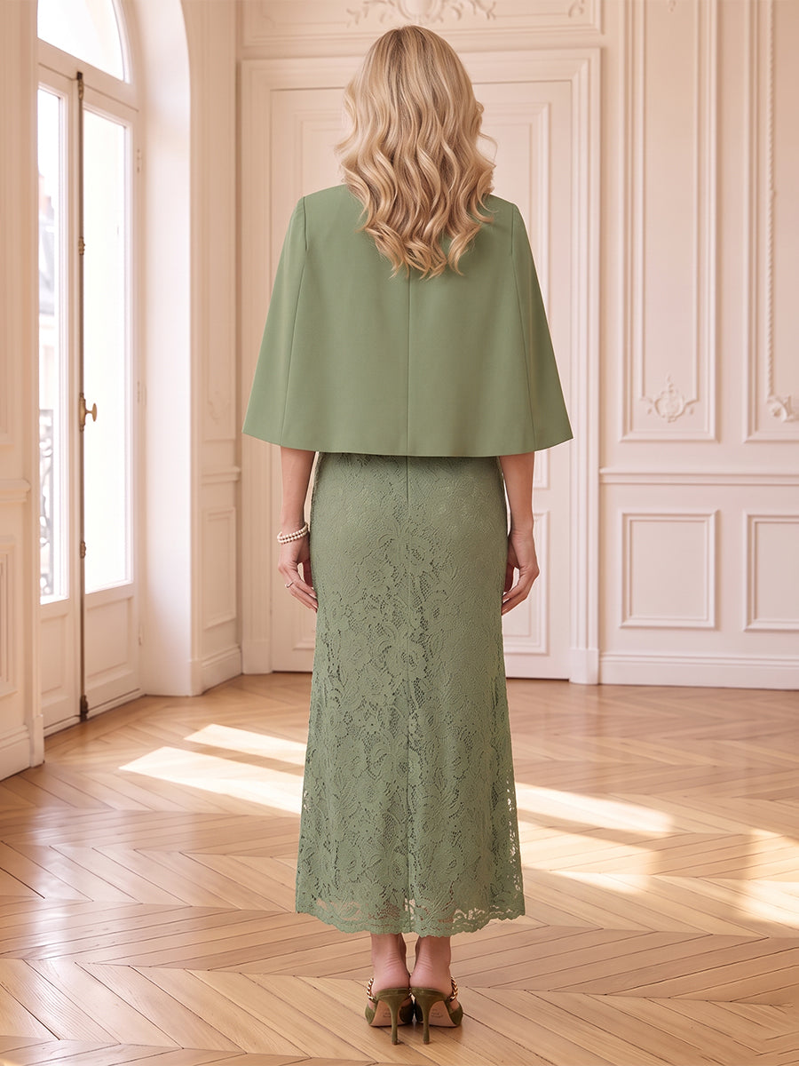 2 Pieces Lace Mother of the Bride/Groom Dresses Mermaid/Sheath Scoop Neck Cape Sleeves Floor Length with Jacket