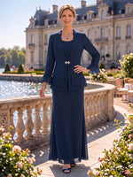 2 Pieces Chiffon Mother of the Bride/Groom Dresses Sheath/Mermaid Scoop Neck Long Sleeves Floor Length