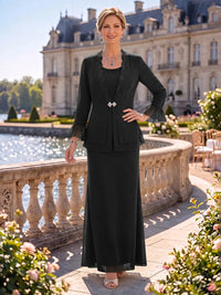 2 Pieces Chiffon Mother of the Bride/Groom Dresses Sheath/Mermaid Scoop Neck Long Sleeves Floor Length