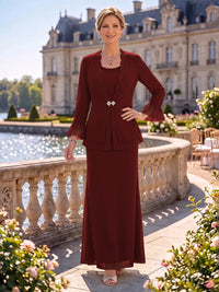 2 Pieces Chiffon Mother of the Bride/Groom Dresses Sheath/Mermaid Scoop Neck Long Sleeves Floor Length