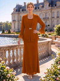 2 Pieces Chiffon Mother of the Bride/Groom Dresses Sheath/Mermaid Scoop Neck Long Sleeves Floor Length