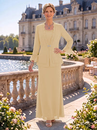 2 Pieces Chiffon Mother of the Bride/Groom Dresses Sheath/Mermaid Scoop Neck Long Sleeves Floor Length