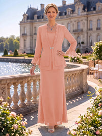 2 Pieces Chiffon Mother of the Bride/Groom Dresses Sheath/Mermaid Scoop Neck Long Sleeves Floor Length