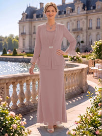 2 Pieces Chiffon Mother of the Bride/Groom Dresses Sheath/Mermaid Scoop Neck Long Sleeves Floor Length