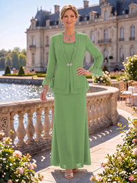2 Pieces Chiffon Mother of the Bride/Groom Dresses Sheath/Mermaid Scoop Neck Long Sleeves Floor Length