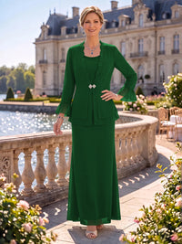 2 Pieces Chiffon Mother of the Bride/Groom Dresses Sheath/Mermaid Scoop Neck Long Sleeves Floor Length