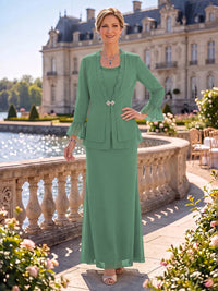 2 Pieces Chiffon Mother of the Bride/Groom Dresses Sheath/Mermaid Scoop Neck Long Sleeves Floor Length