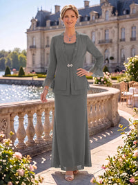 2 Pieces Chiffon Mother of the Bride/Groom Dresses Sheath/Mermaid Scoop Neck Long Sleeves Floor Length