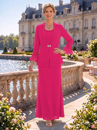 2 Pieces Chiffon Mother of the Bride/Groom Dresses Sheath/Mermaid Scoop Neck Long Sleeves Floor Length