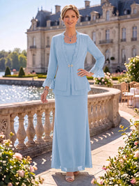 2 Pieces Chiffon Mother of the Bride/Groom Dresses Sheath/Mermaid Scoop Neck Long Sleeves Floor Length