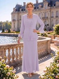 2 Pieces Chiffon Mother of the Bride/Groom Dresses Sheath/Mermaid Scoop Neck Long Sleeves Floor Length