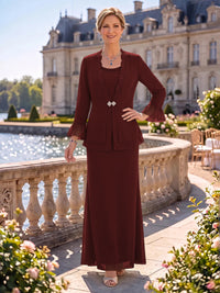 2 Pieces Chiffon Mother of the Bride/Groom Dresses Sheath/Mermaid Scoop Neck Long Sleeves Floor Length