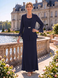 2 Pieces Chiffon Mother of the Bride/Groom Dresses Sheath/Mermaid Scoop Neck Long Sleeves Floor Length