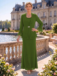 2 Pieces Chiffon Mother of the Bride/Groom Dresses Sheath/Mermaid Scoop Neck Long Sleeves Floor Length