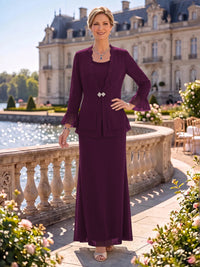 2 Pieces Chiffon Mother of the Bride/Groom Dresses Sheath/Mermaid Scoop Neck Long Sleeves Floor Length