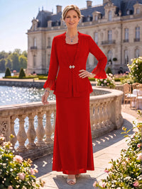 2 Pieces Chiffon Mother of the Bride/Groom Dresses Sheath/Mermaid Scoop Neck Long Sleeves Floor Length