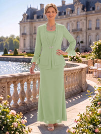 2 Pieces Chiffon Mother of the Bride/Groom Dresses Sheath/Mermaid Scoop Neck Long Sleeves Floor Length