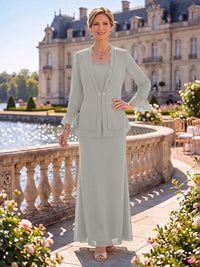 2 Pieces Chiffon Mother of the Bride/Groom Dresses Sheath/Mermaid Scoop Neck Long Sleeves Floor Length