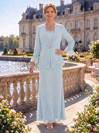 2 Pieces Chiffon Mother of the Bride/Groom Dresses Sheath/Mermaid Scoop Neck Long Sleeves Floor Length