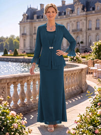 2 Pieces Chiffon Mother of the Bride/Groom Dresses Sheath/Mermaid Scoop Neck Long Sleeves Floor Length