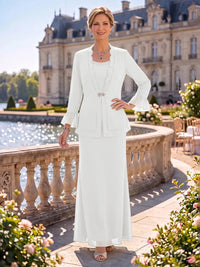 2 Pieces Chiffon Mother of the Bride/Groom Dresses Sheath/Mermaid Scoop Neck Long Sleeves Floor Length