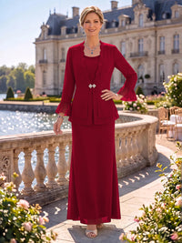 2 Pieces Chiffon Mother of the Bride/Groom Dresses Sheath/Mermaid Scoop Neck Long Sleeves Floor Length