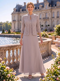2 Pieces Chiffon Mother of the Bride/Groom Dresses A Line Scoop Neck 3/4 Sleeves Floor Length with Jacket