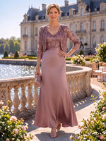 2 Pieces Satin Mother of the Bride/Groom Dresses Sheath/Mermaid V Neck 3/4 Sleeves Floor Length with Jacket