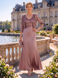 2 Pieces Satin Mother of the Bride/Groom Dresses Sheath/Mermaid V Neck 3/4 Sleeves Floor Length with Jacket