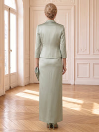 2 Pieces Satin Mother of the Bride/Groom Dresses Column Scoop Neck Long Sleeves Floor Length with Jacket