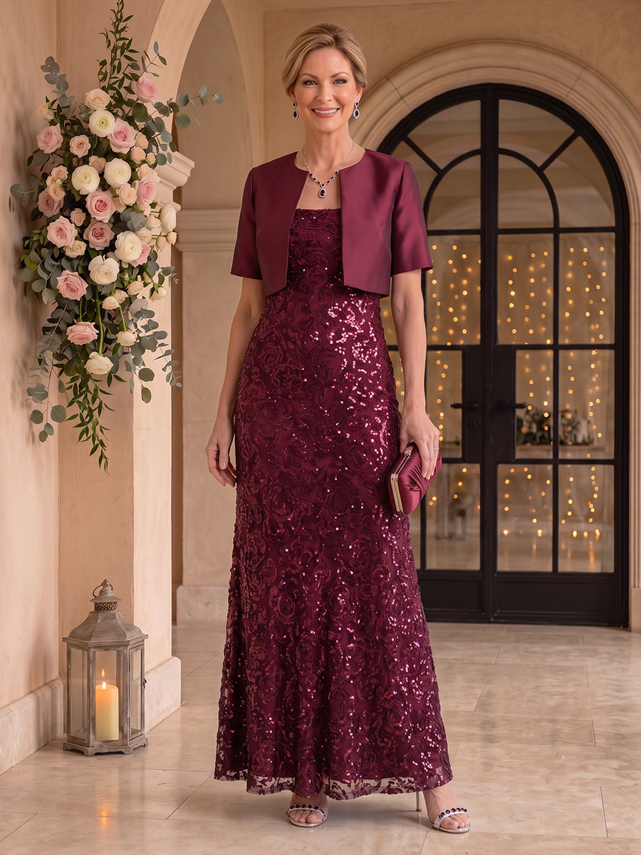 2 Pieces Sequin Mother of the Bride/Groom Dresses Sheath/Mermaid Square Neck Short Sleeves Floor Length with Jacket