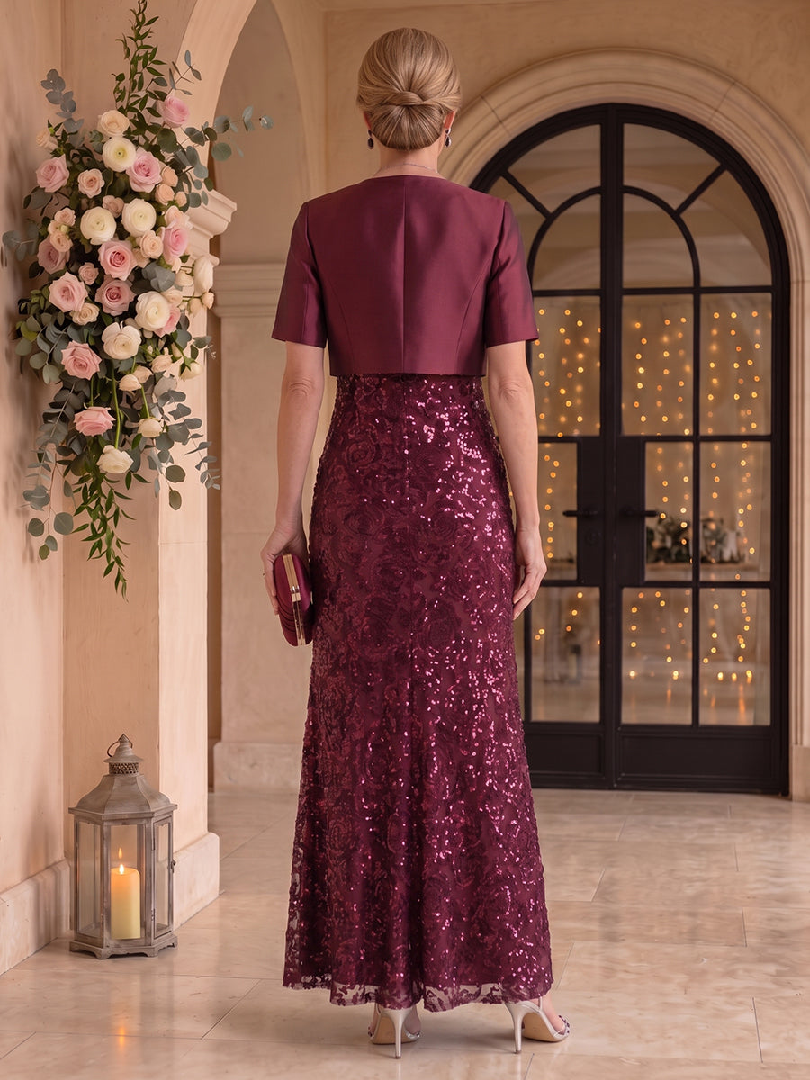 2 Pieces Sequin Mother of the Bride/Groom Dresses Sheath/Mermaid Square Neck Short Sleeves Floor Length with Jacket