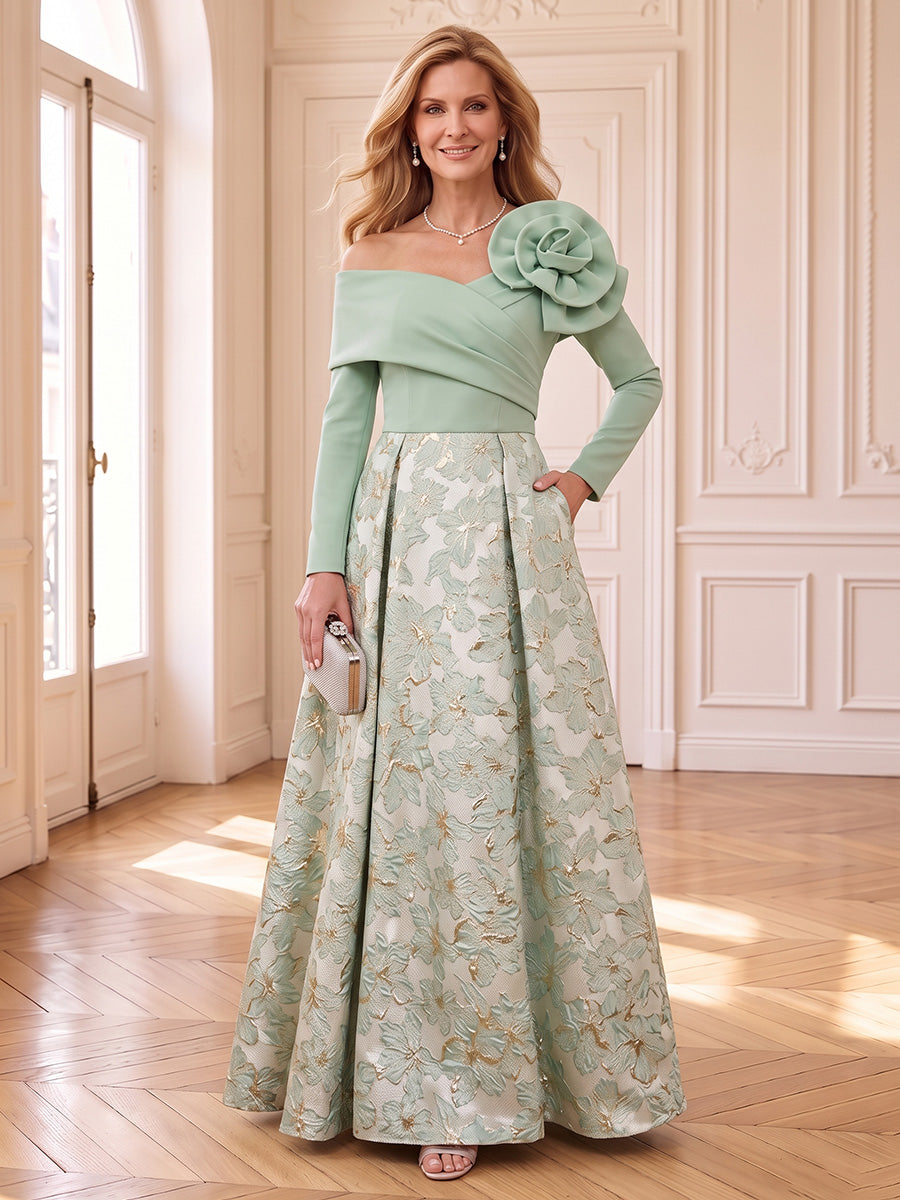 Jacquard Mother of the Bride/Groom Dresses A Line Asymmetric Long Sleeves Floor Length Pleated