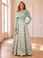 Jacquard Mother of the Bride/Groom Dresses A Line Asymmetric Long Sleeves Floor Length Pleated