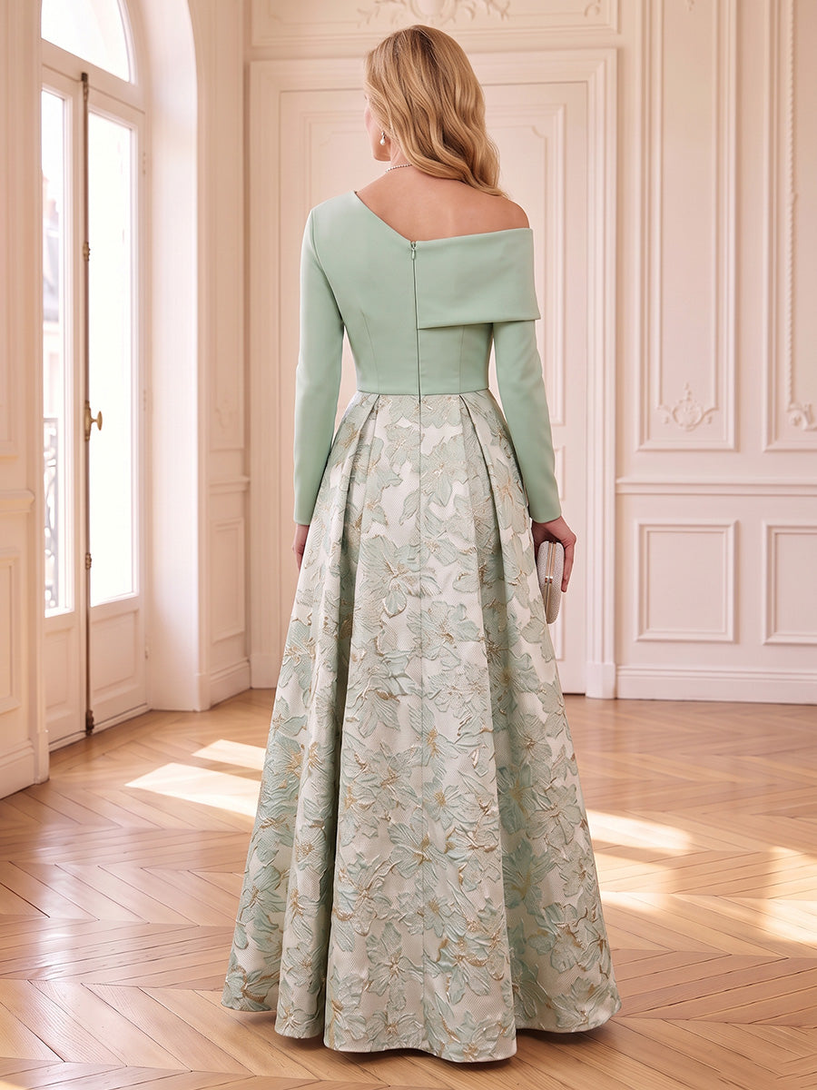 Jacquard Mother of the Bride/Groom Dresses A Line Asymmetric Long Sleeves Floor Length Pleated